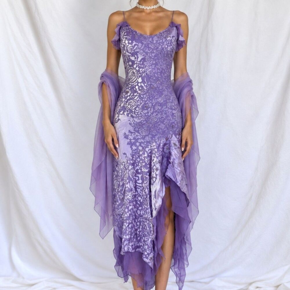 Vintage Purple Silk Asymmetric Ruffle Beaded Midi Cocktail Formal Dress Size S/M